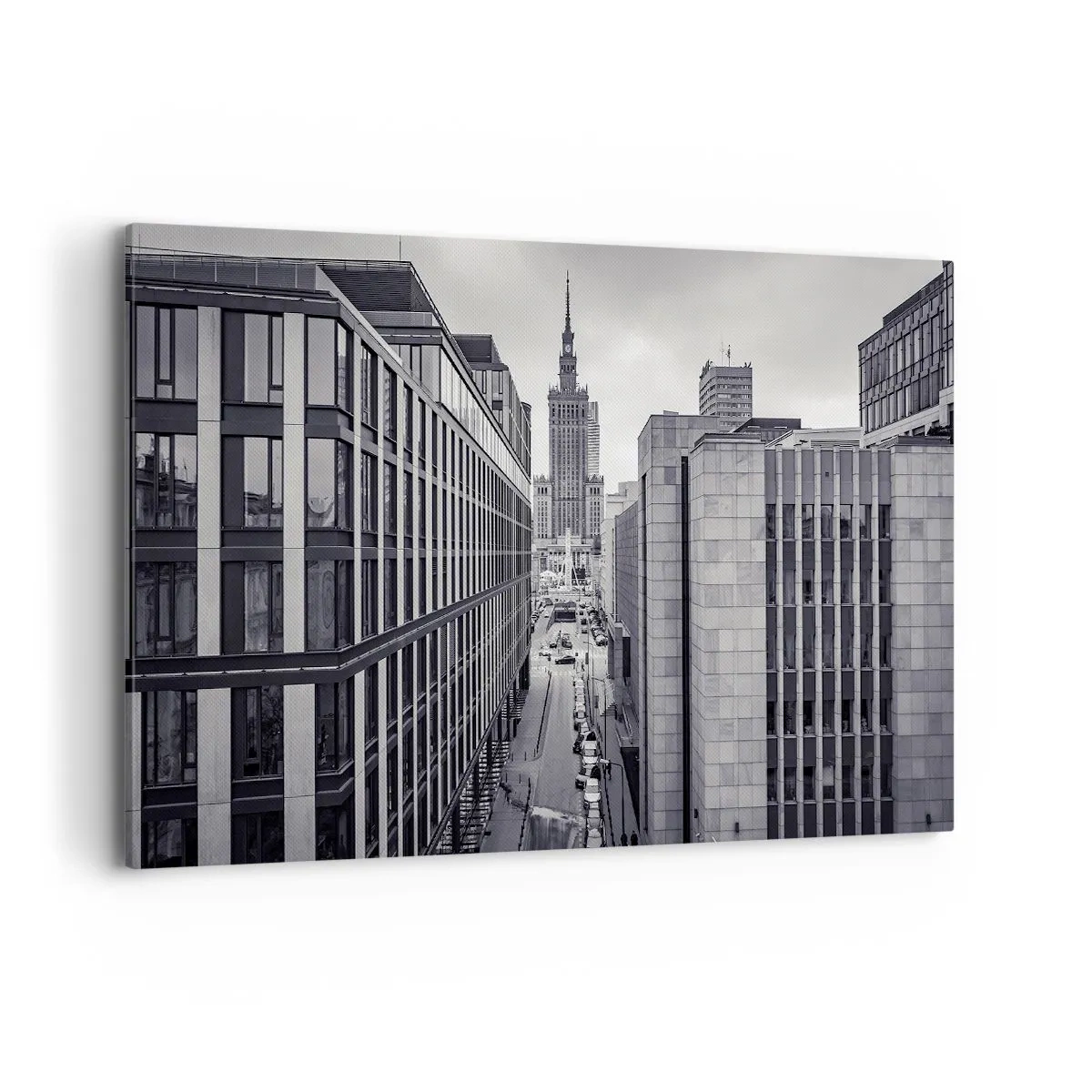 Obraz na płótnie - Panorama Warszawy z widokiem na Pałac Kultury i otaczające budynki - 120x80cm - Warszawska dolina - Nowoczesna dekoracja ścienna do salonu, kuchni i sypialni ARTTOR