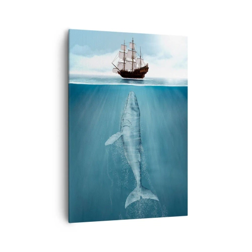 Obraz na płótnie - Statek żaglowy na powierzchni oceanu, pod nim zanurzony wieloryb - 70x100cm - Lepiej nie wiedzieć - Nowoczesna dekoracja ścienna do salonu i sypialni ARTTOR