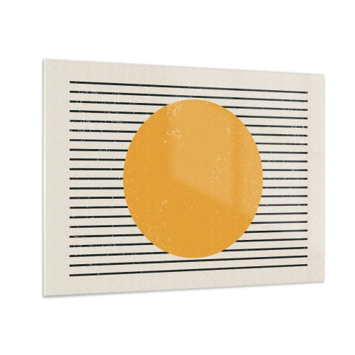 Obraz na szkle - Pomarańczowe koło na tle poziomych czarnych linii na beżowym tle - 70x50cm - Siła prostoty - Nowoczesna dekoracja ścienna do salonu i sypialni ARTTOR
