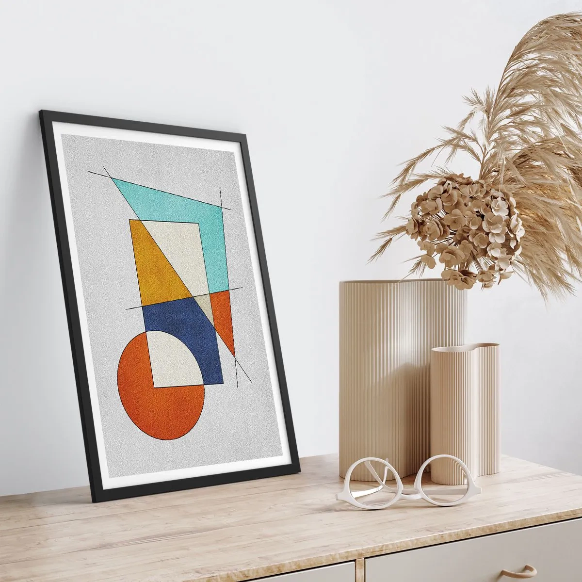 Plakat w czarnej ramie - Geometryczna abstrakcja z kolorowymi figurami i liniami - 50x70cm - Abstrakcja: modernistyczna zabawa - Nowoczesna dekoracja ścienna do salonu i sypialni ARTTOR