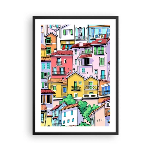 Plakat w czarnej ramie - Kolorowe kamienice w ilustracyjnym stylu - 50x70cm - Wesołe miasto - Nowoczesna dekoracja ścienna do salonu i sypialni ARTTOR