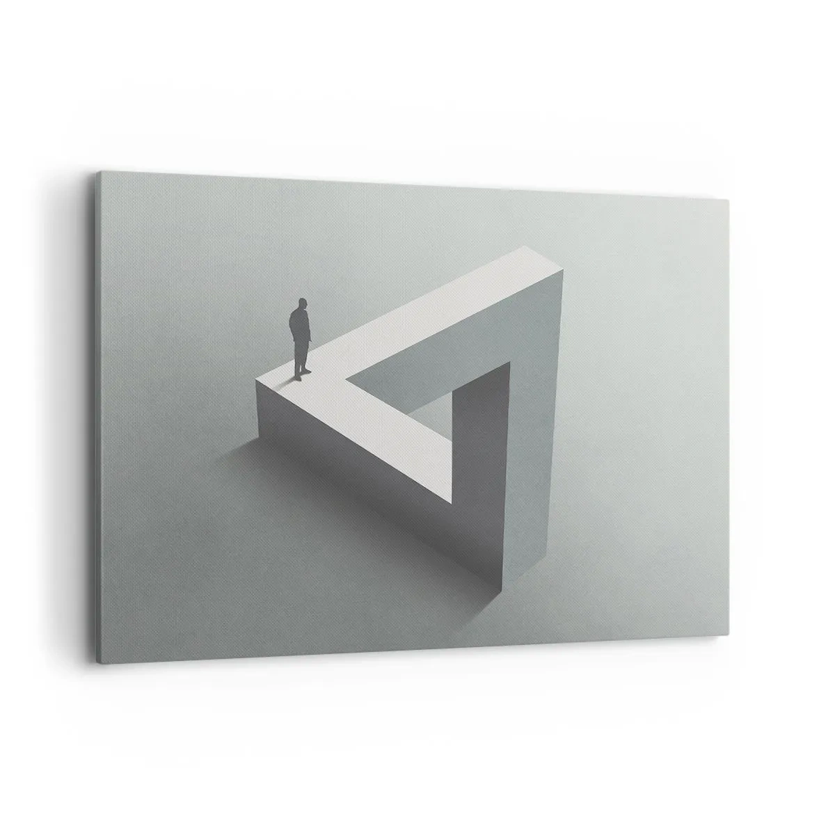 Obraz na płótnie - Postać stojąca na trójkącie Penrose’a w szarościach - 120x80cm - A jednak możliwe - Nowoczesna dekoracja ścienna do salonu, kuchni i sypialni ARTTOR