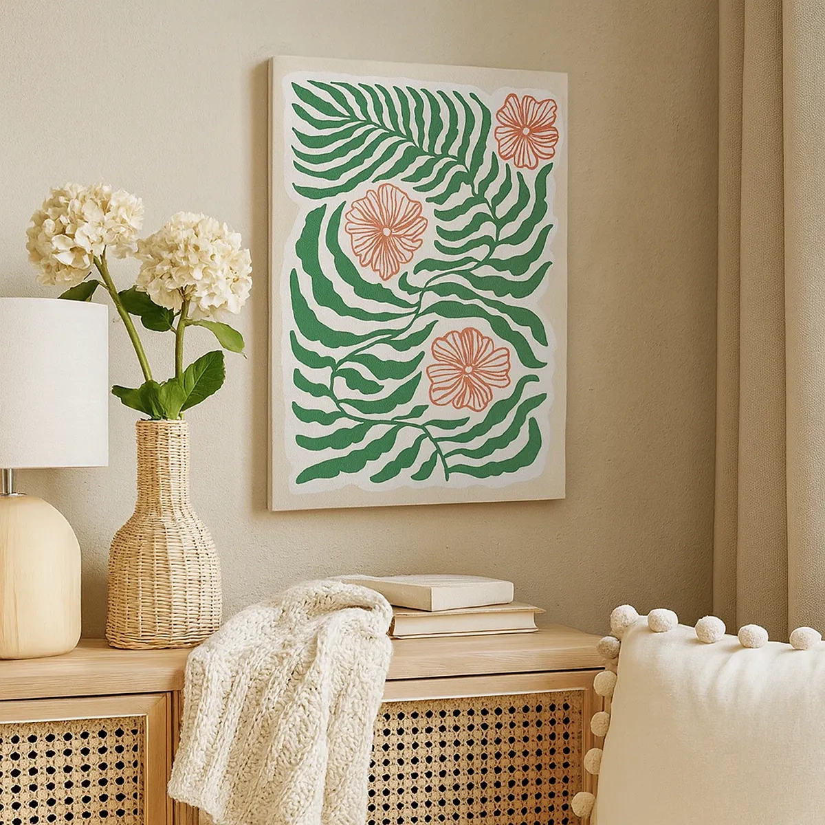 Obraz na płótnie - Stylizowane liście paproci i kwiaty - 50x70cm - Rozkwitłe w zieleni - Nowoczesna dekoracja ścienna do salonu, kuchni i sypialni ARTTOR