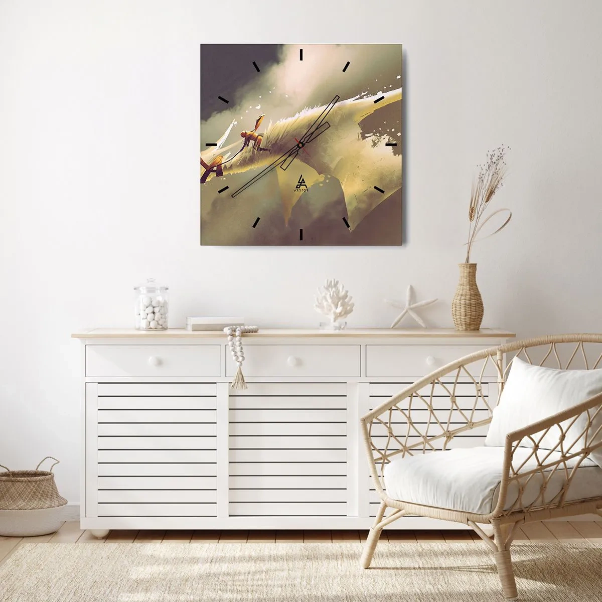 Zegar ścienny - Ilustracja jeźdźca na smoku w fantastycznej scenerii chmur - 30x30cm - Światu na ratunek - Nowoczesna dekoracja ścienna do salonu i sypialni ARTTOR