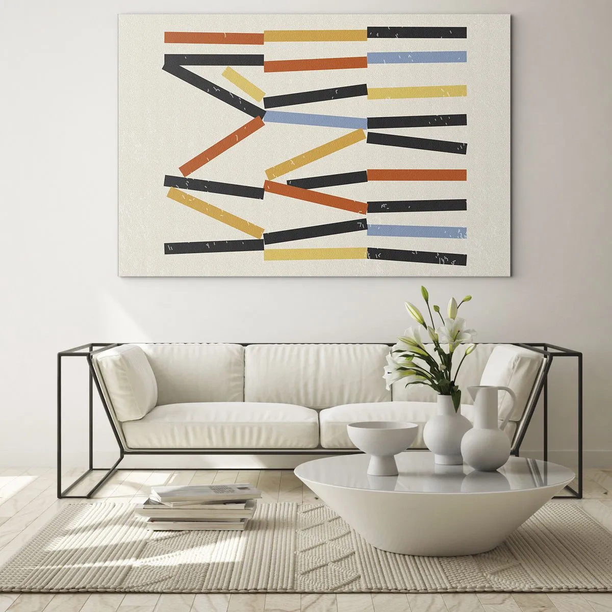 Obraz na szkle - Kolorowa abstrakcja z poziomych i ukośnych pasów na jasnym tle - 70x50cm - Kompozycja na poziomie - Nowoczesna dekoracja ścienna do salonu i sypialni ARTTOR