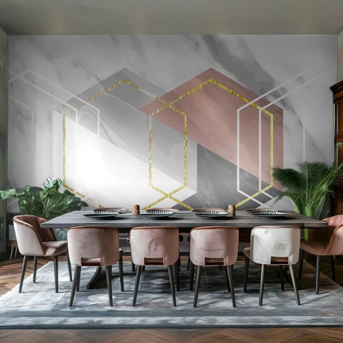 Fototapeta Premium Canvas - Geometryczne figury z akcentami złota i marmuru - 100x70cm - Kompozycja łańcuchowa - Nowoczesna dekoracja ścienna do salonu i sypialni ARTTOR