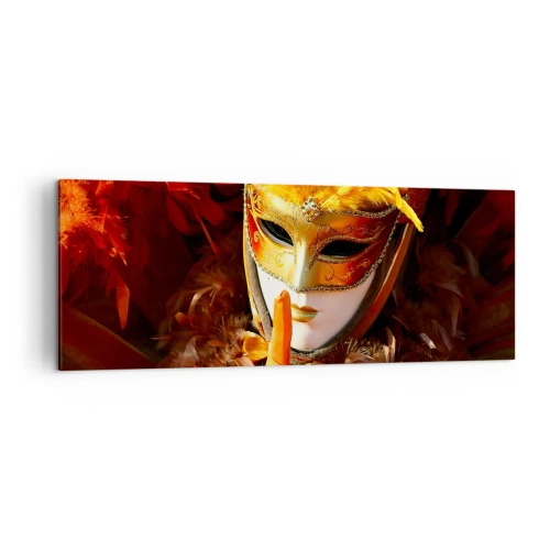 Obraz na płótnie - Maska karnawałowa w odcieniach złota i pomarańczu - 140x50cm - Tajemnica to część gry - Nowoczesna dekoracja ścienna do salonu i sypialni ARTTOR