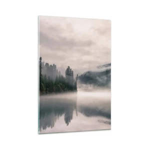Obraz na szkle - Mglisty las odbijający się w spokojnym jeziorze - 80x120cm - W zadumie, we mgle - Nowoczesna dekoracja ścienna do salonu i sypialni ARTTOR