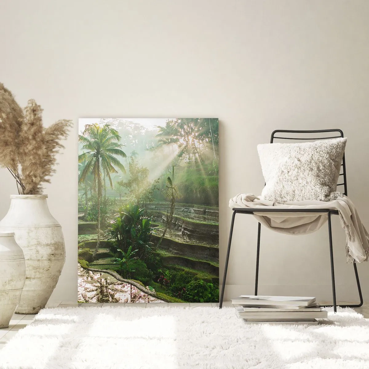 Obraz na szkle - Tarasy ryżowe z palmami w promieniach słońca - 70x100cm - Dorastać w słońcu - Nowoczesna dekoracja ścienna do salonu i sypialni ARTTOR