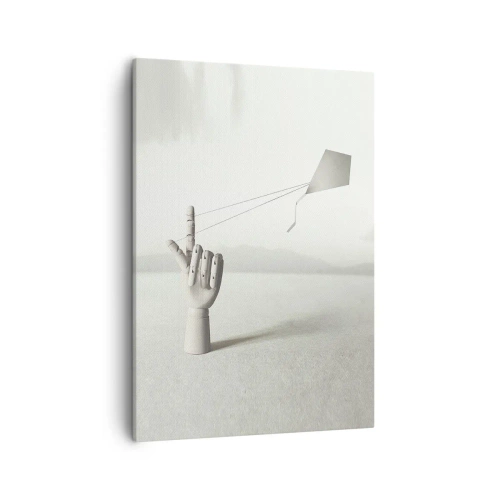 Obraz na płótnie - Drewniana dłoń trzymająca latawiec na tle pustynnego krajobrazu - 50x70cm - Próba sił - Nowoczesna dekoracja ścienna do salonu, kuchni i sypialni ARTTOR