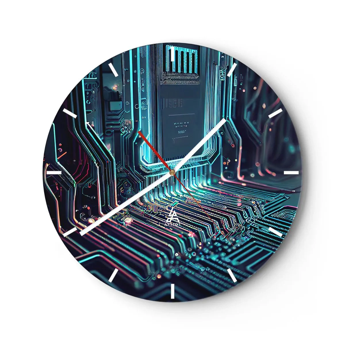 Zegar ścienny - Zbliżenie na neonowy układ scalony w futurystycznym stylu - 30x30cm - Tak sobie myślę… - Nowoczesna dekoracja ścienna do salonu, kuchni i sypialni ARTTOR