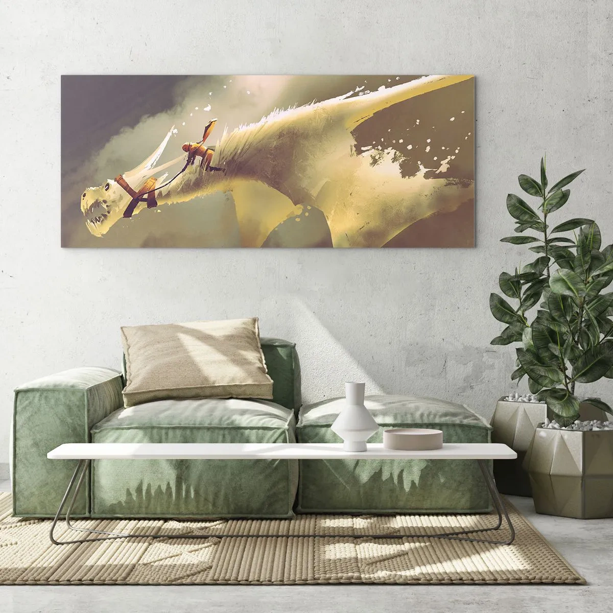Obraz na szkle - Ilustracja jeźdźca na smoku w fantastycznej scenerii chmur - 160x50cm - Światu na ratunek - Nowoczesna dekoracja ścienna do salonu i sypialni ARTTOR