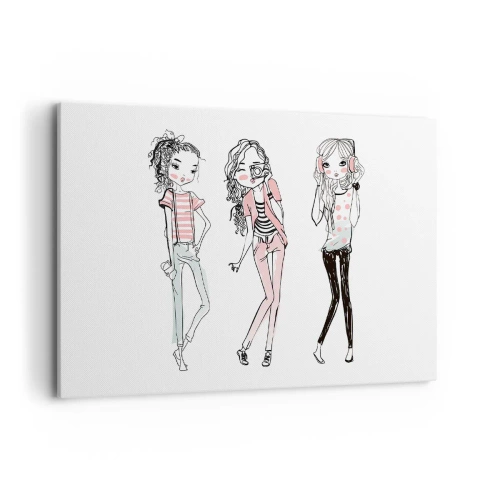 Obraz na płótnie - Ilustracja modnych dziewczyn w pastelowych kolorach - 100x70cm - Będzie, będzie zabawa - Nowoczesna dekoracja ścienna do salonu, kuchni i sypialni ARTTOR