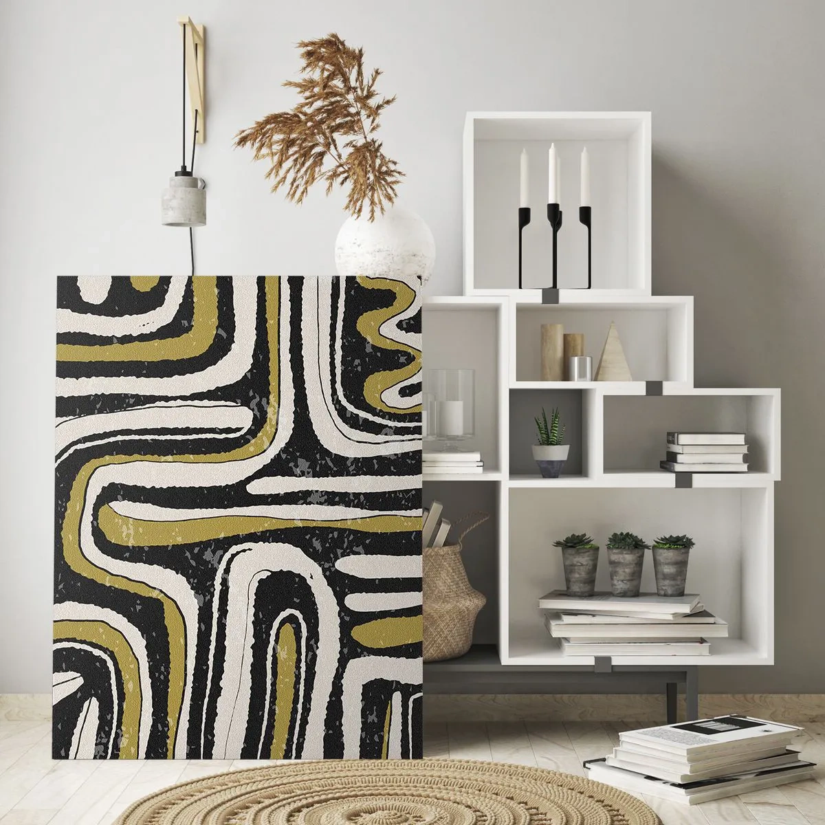 Obraz na szkle - Abstrakcyjny wzór w czerni, bieli i złocie - 80x120cm - Kompozycja: trakty i zaułki - Nowoczesna dekoracja ścienna do salonu i sypialni ARTTOR