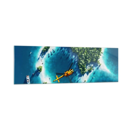 Obraz na szkle - Tropikalna wyspa otoczona turkusową wodą z widocznym helikopterem - 160x50cm - Kup sobie wyspę - Nowoczesna dekoracja ścienna do salonu i sypialni ARTTOR