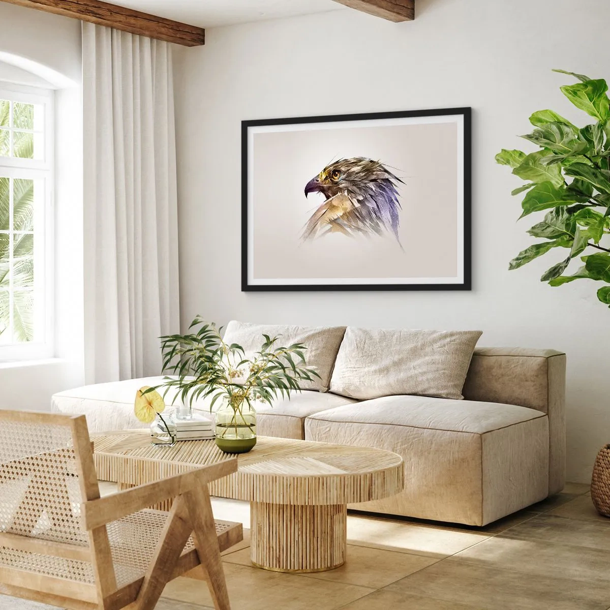 Plakat w czarnej ramie - Artystyczny portret orła w pastelowych odcieniach - 100x70cm - Portret wojownika - Nowoczesna dekoracja ścienna do salonu i sypialni ARTTOR