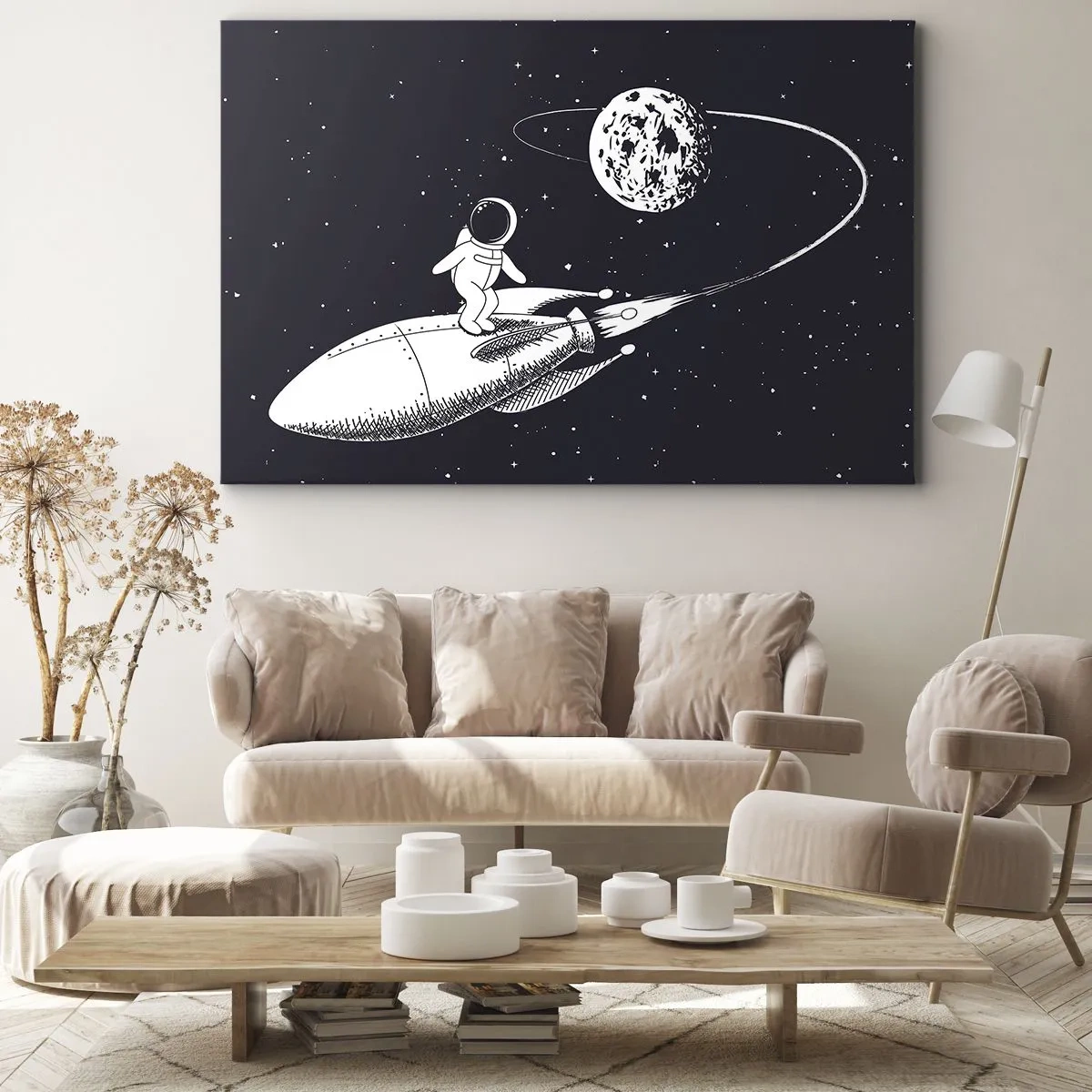 Obraz na płótnie - Astronauta na rakiecie w przestrzeni kosmicznej - 70x50cm - Kosmiczny surfer - Nowoczesna dekoracja ścienna do salonu i sypialni ARTTOR