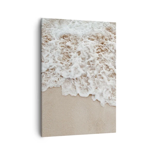 Obraz na płótnie - Delikatna piana morska obmywająca złocistą plażę - 50x70cm - Zaraz wracam - Nowoczesna dekoracja ścienna do salonu, kuchni i sypialni ARTTOR