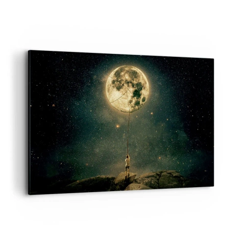 Obraz na płótnie - Człowiek z Księżycem na tle gwieździstego nieba - 120x80cm - Jeden taki, co ukradł Księżyc - Nowoczesna dekoracja ścienna do salonu, kuchni i sypialni ARTTOR