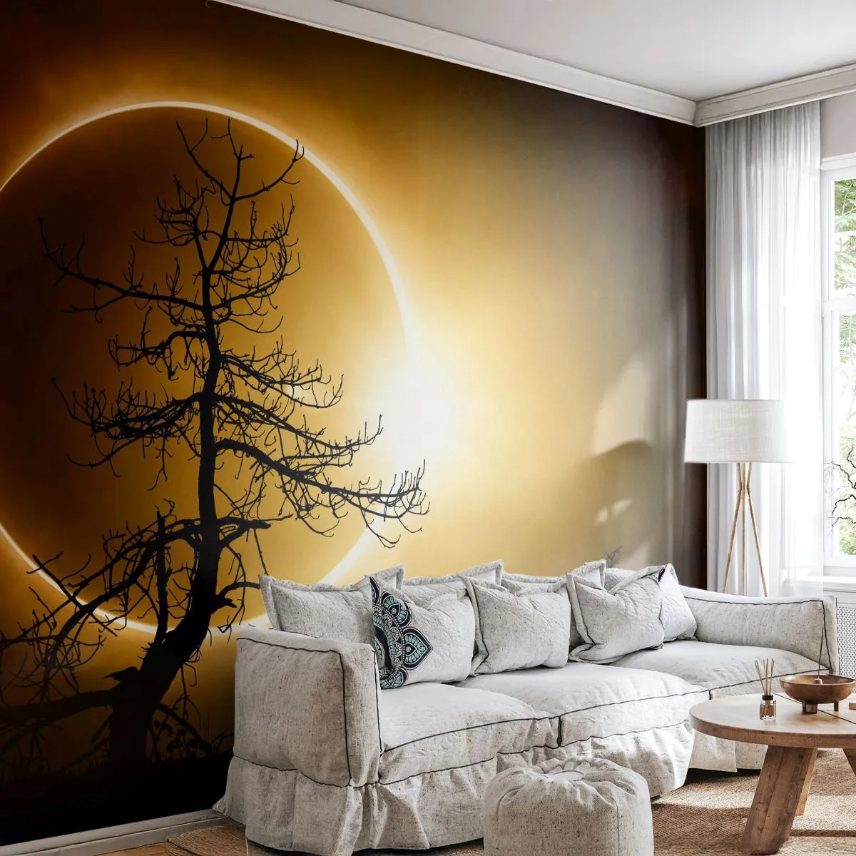 Fototapeta Premium Sand - Zaćmienie słońca z konturem drzewa - 100x70cm - Całkowite zaćmienie - Nowoczesna dekoracja ścienna do salonu, kuchni i sypialni ARTTOR