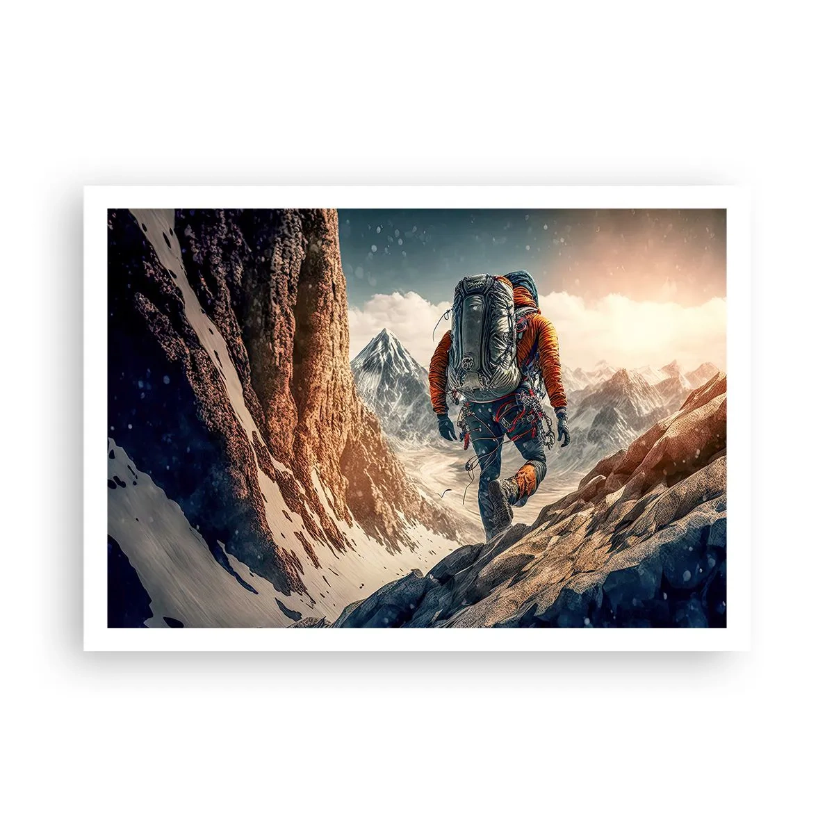 Plakat - Wspinacz na górskim szlaku w zimowym krajobrazie - 100x70cm - Samotny wojownik - Nowoczesna dekoracja ścienna do salonu i sypialni ARTTOR