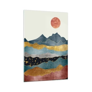 Obraz na szkle - Abstrakcyjne góry w odcieniach niebieskiego, złota i czerwieni z zachodzącym słońcem - 70x100cm - Przekrój świata - Nowoczesna dekoracja ścienna do salonu i sypialni ARTTOR