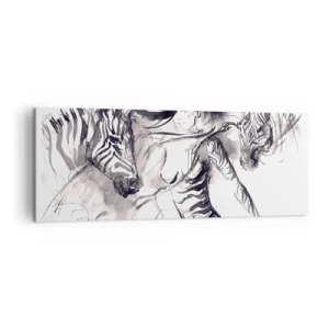 Obraz na płótnie - Kobieta w dynamicznym tańcu z zebrami w czarno-białej estetyce - 140x50cm - Tańcząca z zebrami - Nowoczesna dekoracja ścienna do salonu i sypialni ARTTOR
