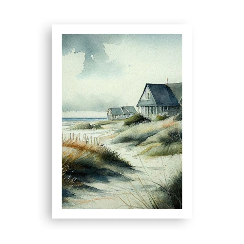Plakat - Domek na plaży w akwarelowym stylu z widokiem na morze - 50x70cm - Z dala od zgiełku - Nowoczesna dekoracja ścienna do salonu, kuchni i sypialni ARTTOR