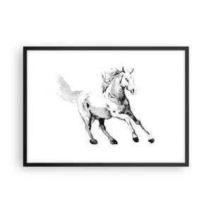 Plakat w czarnej ramie - Szkic galopującego konia w odcieniach czerni i bieli - 70x50cm - Nieujarzmiona dusza - Nowoczesna dekoracja ścienna do salonu i sypialni ARTTOR