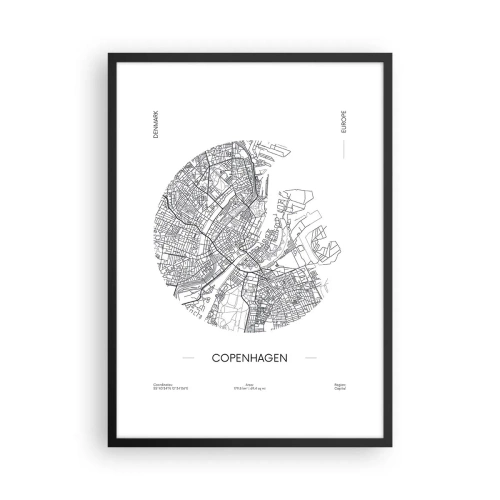 Plakat w czarnej ramie - Minimalistyczna mapa Kopenhagi w czarno-białej tonacji - 50x70cm - Anatomia Kopenhagi - Nowoczesna dekoracja ścienna do salonu i sypialni ARTTOR