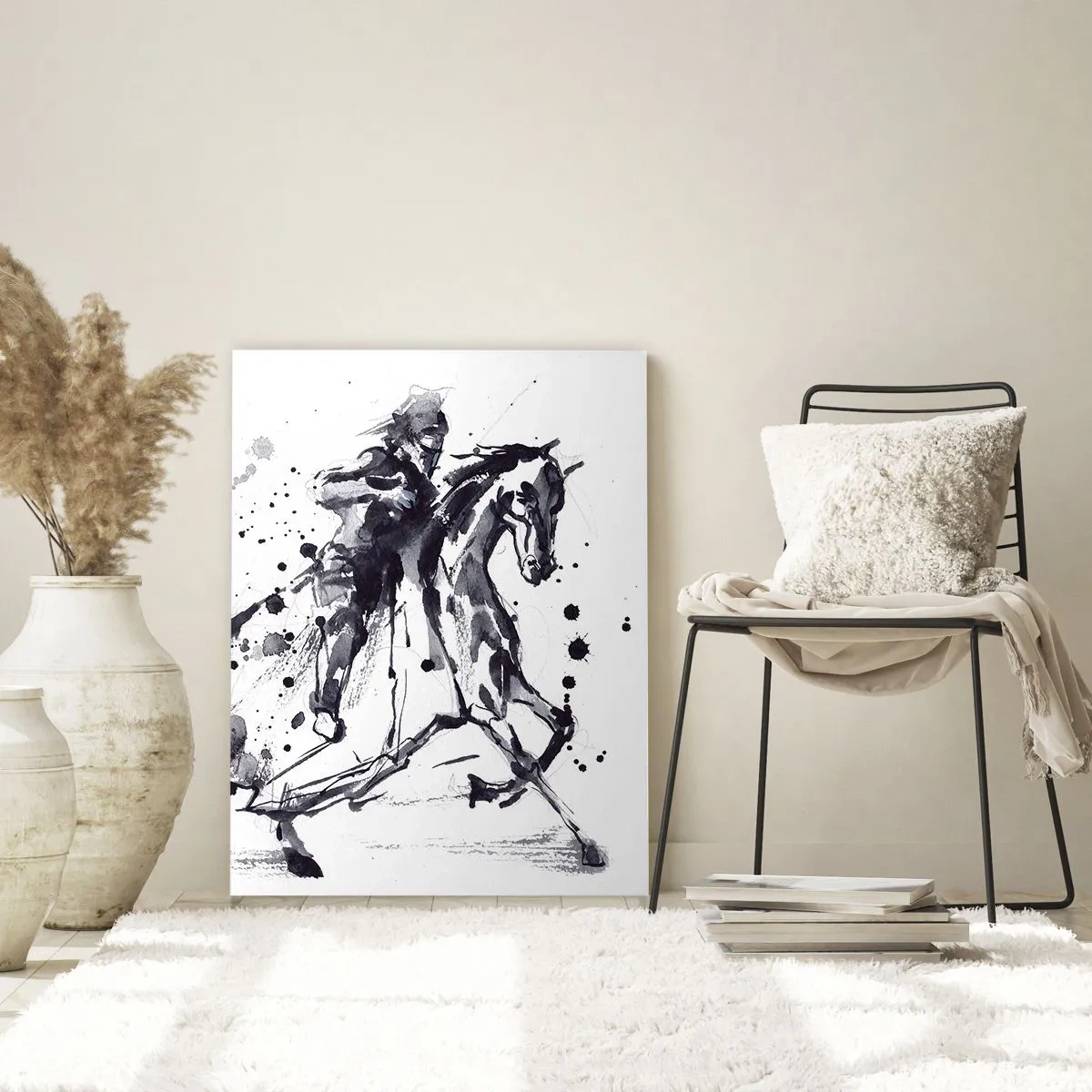 Obraz na szkle - Czarno-biały obraz jeźdźca na koniu w stylu abstrakcyjnym - 50x70cm - Czarny rycerz - Nowoczesna dekoracja ścienna do salonu, kuchni i sypialni ARTTOR
