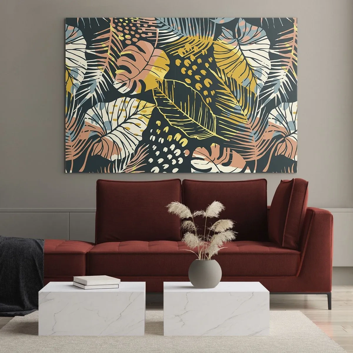 Obraz na szkle - Wzór tropikalnych liści w soczystych barwach, pełen energii i egzotyki - 100x70cm - Liściasta fantazja - Nowoczesna dekoracja ścienna do salonu, kuchni i sypialni ARTTOR