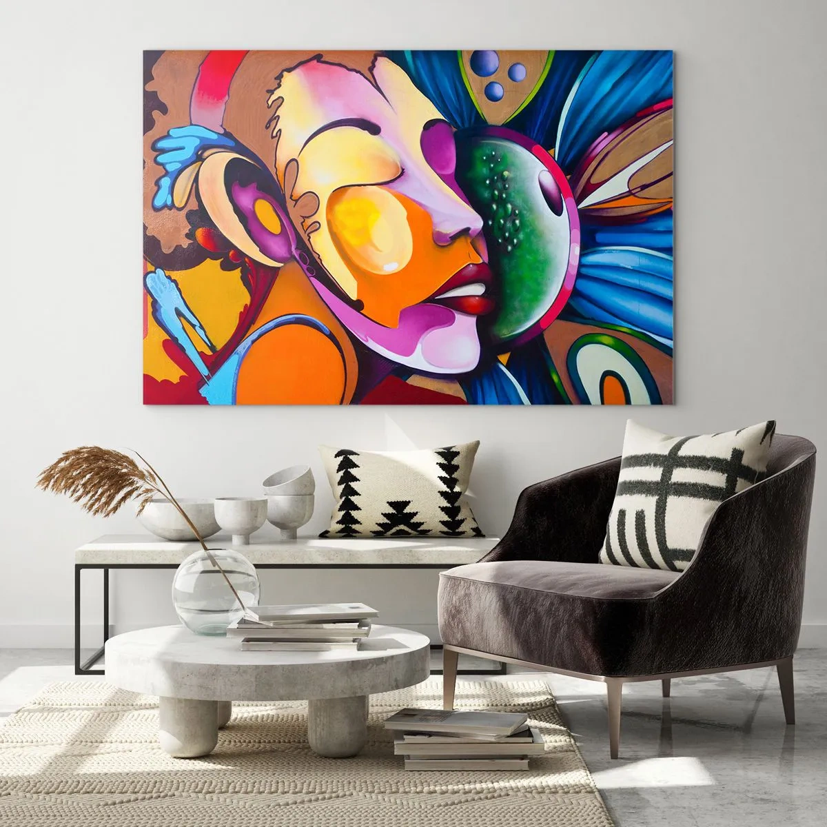 Obraz na szkle - Kolorowa abstrakcja twarzy w stylu street art - 70x50cm - Dotknąć kolorem - Nowoczesna dekoracja ścienna do salonu i sypialni ARTTOR