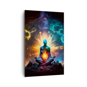 Obraz na płótnie - Postać w medytacji otoczona kosmiczną aurą - 80x120cm - Kosmiczny spokój - Nowoczesna dekoracja ścienna do salonu i sypialni ARTTOR