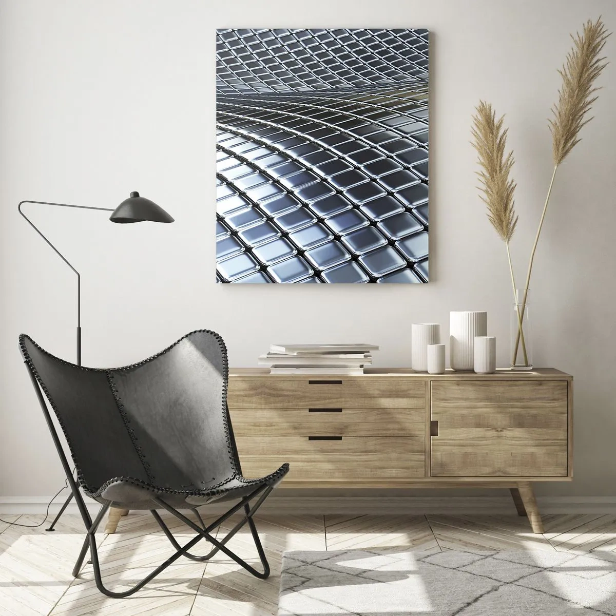 Obraz na szkle - Abstrakcyjna powierzchnia z lśniącymi metalowymi kwadratami - 50x70cm - Metaliczna srebrna fala - Nowoczesna dekoracja ścienna do salonu, kuchni i sypialni ARTTOR