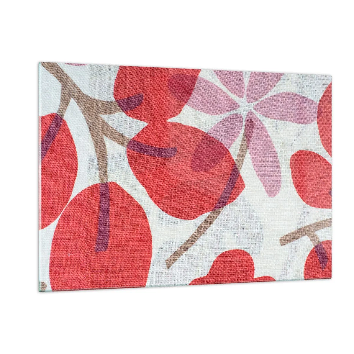 Obraz na szkle - Różowe i czerwone liście oraz kwiaty na jasnym tle - 120x80cm - Kompozycja kwiatowa w różu - Nowoczesna dekoracja ścienna do salonu, kuchni i sypialni ARTTOR