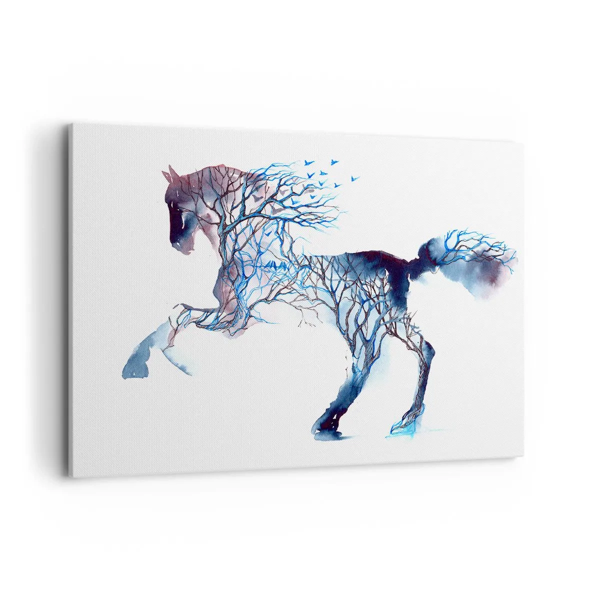Obraz na płótnie - Artystyczna grafika konia z motywem drzew i ptaków - 100x70cm - I jakby las ruszył - Nowoczesna dekoracja ścienna do salonu, kuchni i sypialni ARTTOR