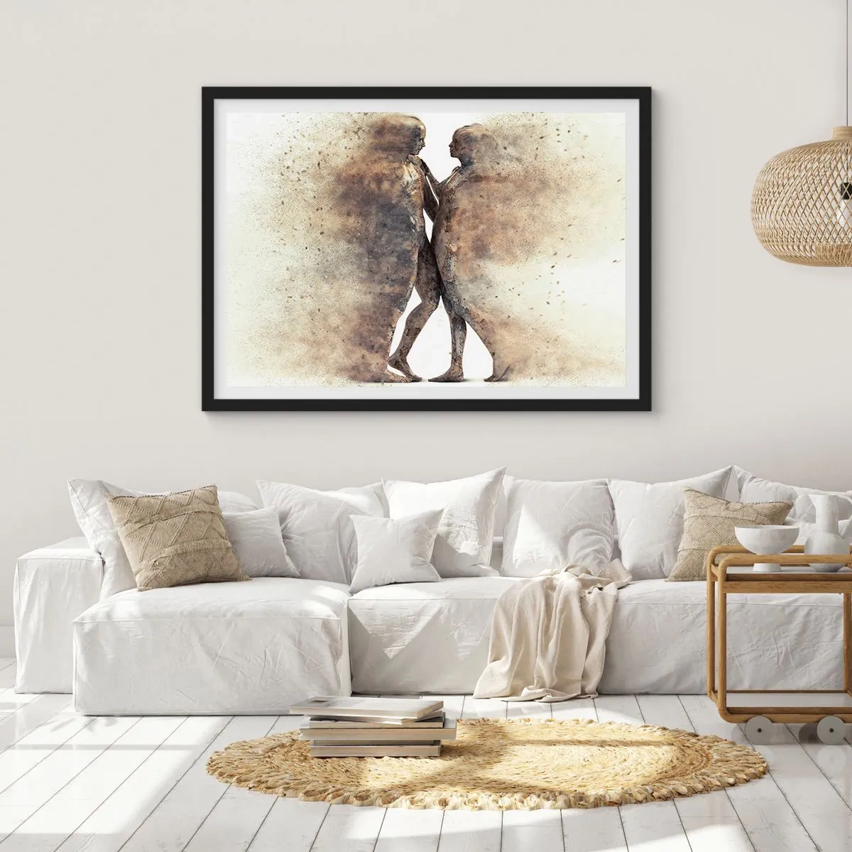 Plakat w czarnej ramie - Abstrakcyjny duet sylwetek w piaskowych odcieniach - 70x50cm - Z prochu powstali, by kochać - Nowoczesna dekoracja ścienna do salonu i sypialni ARTTOR