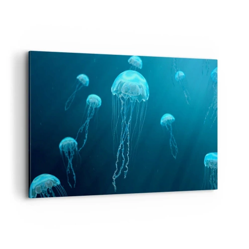 Obraz na płótnie - Meduzy unoszące się w głębinach oceanu w niebieskiej tonacji - 120x80cm - Oceaniczny taniec - Nowoczesna dekoracja ścienna do salonu, kuchni i sypialni ARTTOR