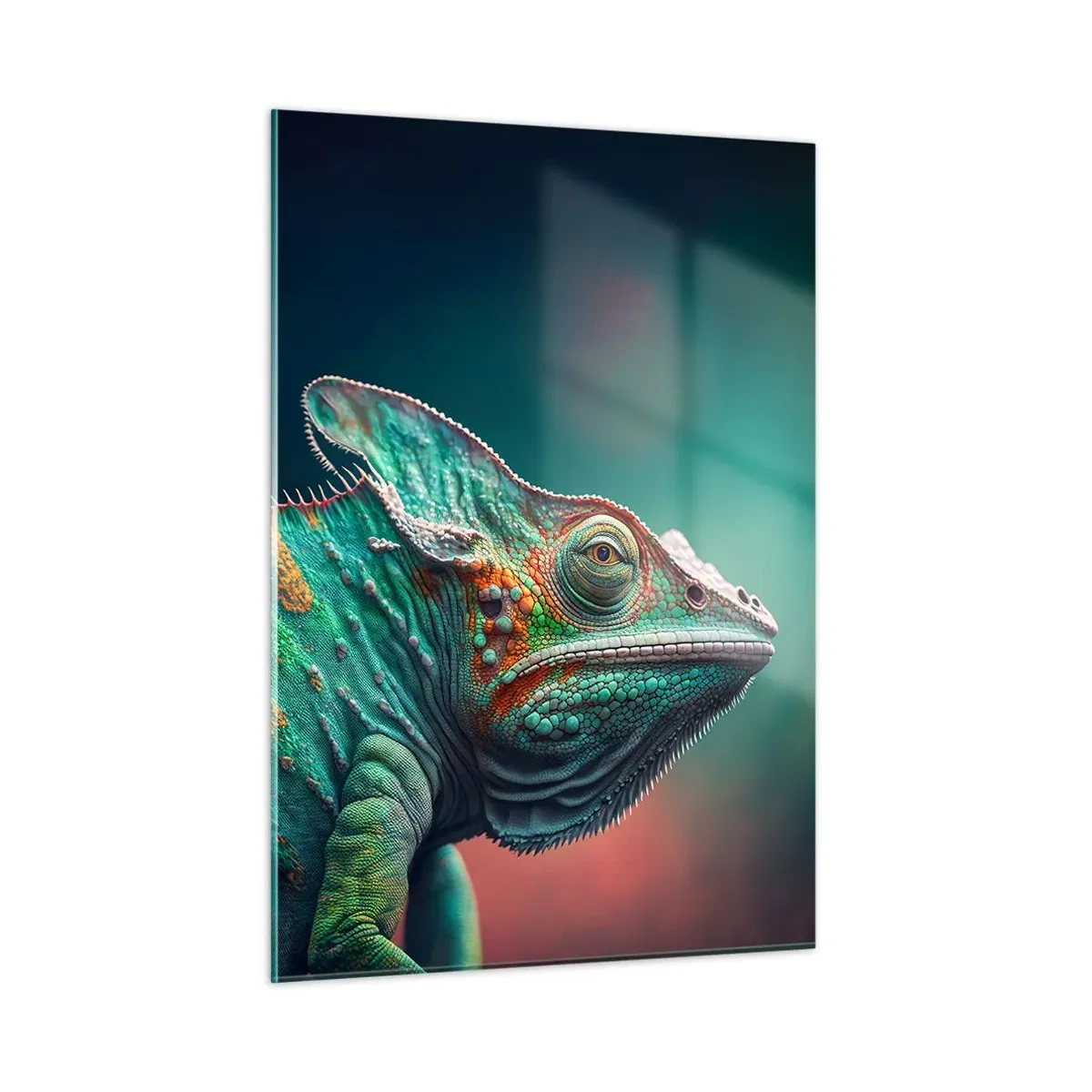 Obraz na szkle - Kolorowy kameleon na rozmytym tle w intensywnym świetle - 50x70cm - Widzisz mnie? Niedobrze… - Nowoczesna dekoracja ścienna do salonu, kuchni i sypialni ARTTOR