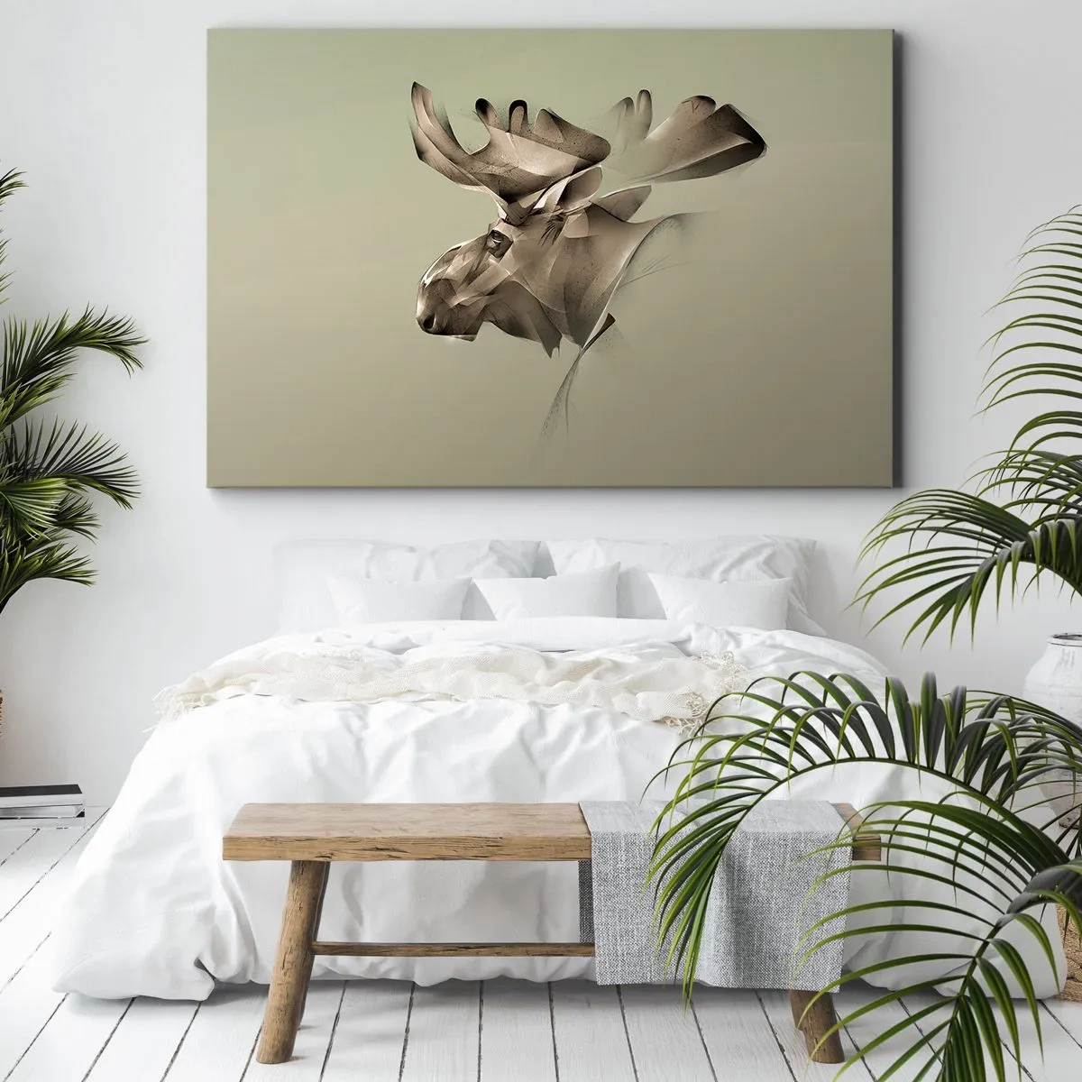 Obraz na płótnie - Łagodna siła spokoju - Abstrakcyjny wizerunek łosia na minimalistycznym tle - 70x50cm