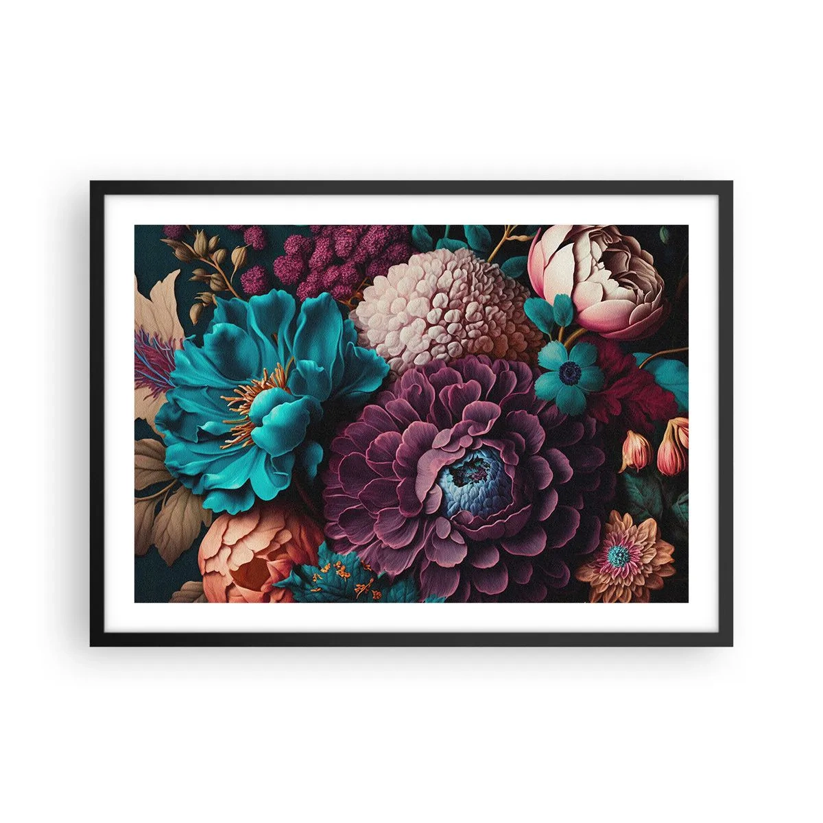 Plakat w czarnej ramie - Bukiet kwiatów w intensywnych kolorach na ciemnym tle - 70x50cm - Natura na bogato - Nowoczesna dekoracja ścienna do salonu i sypialni ARTTOR
