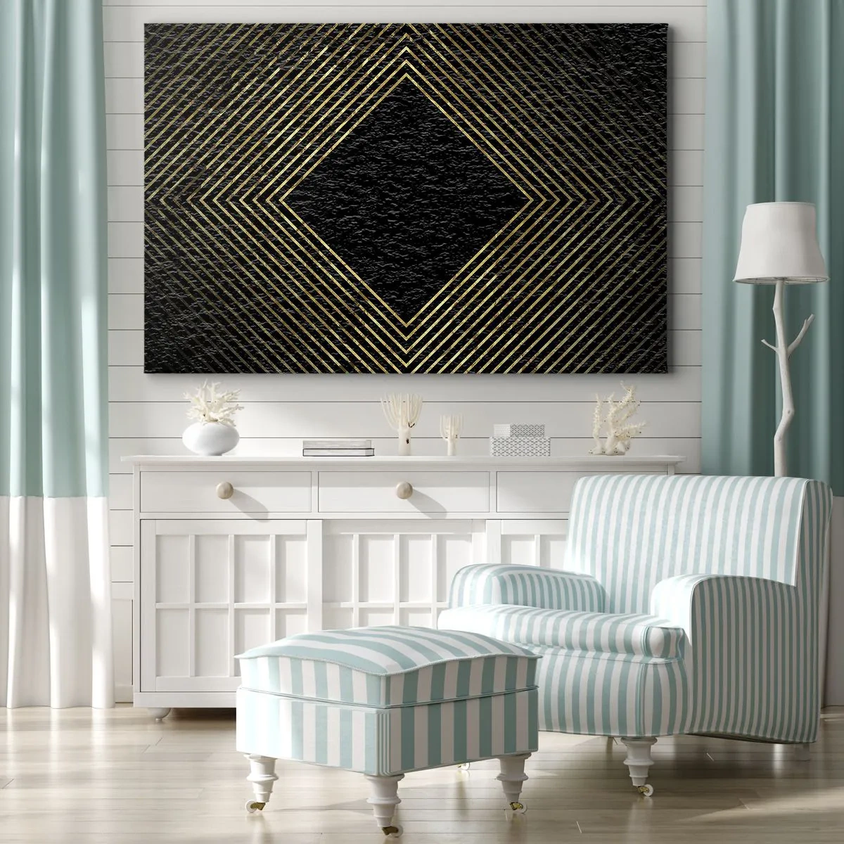 Obraz na płótnie - Czarne tło z geometrycznym wzorem złotych linii - 70x50cm - Geometria w stylu glamour - Nowoczesna dekoracja ścienna do salonu i sypialni ARTTOR