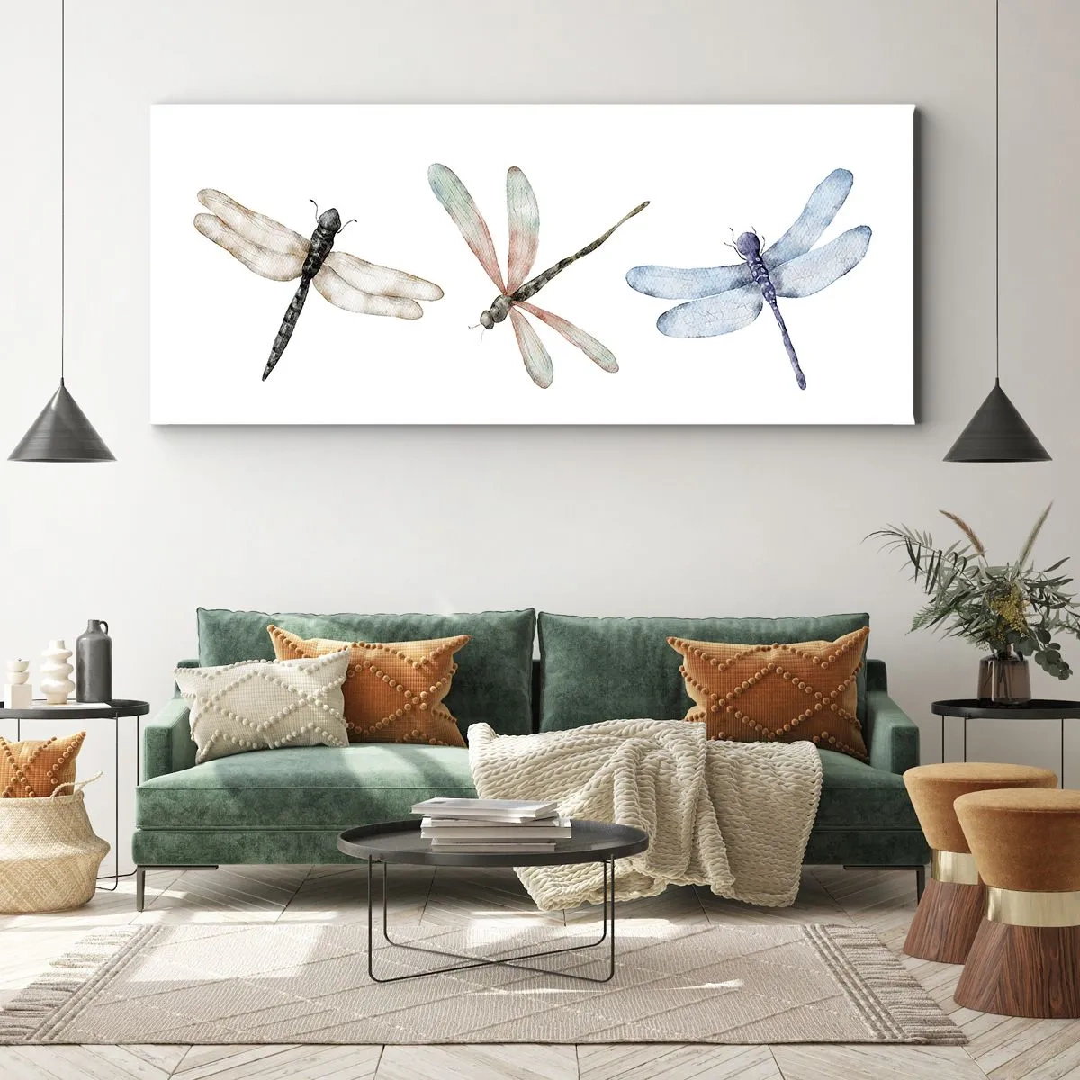 Obraz na płótnie - Trzy ważki w delikatnych pastelowych barwach - 140x50cm - Ważki nieważkie - Nowoczesna dekoracja ścienna do salonu i sypialni ARTTOR