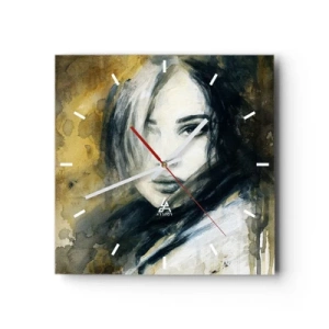 Zegar ścienny - Portret kobiety na tle abstrakcyjnych plam w odcieniach beżu - 30x30cm - bardziej niewinna czy zmysłowa? - Nowoczesna dekoracja ścienna do salonu i sypialni ARTTOR