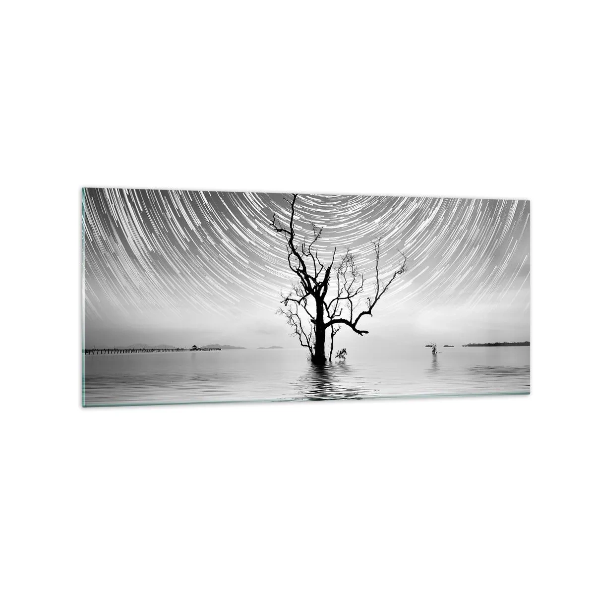 Obraz na szkle - Drzewo w wodzie pod nocnym niebem z gwiazdami w ruchu - 120x50cm - Symfonia natury - Nowoczesna dekoracja ścienna do salonu i sypialni ARTTOR
