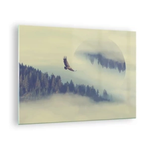 Obraz na szkle - Orzeł w locie nad lasem spowitym mgłą z surrealistycznym odbiciem - 70x50cm - Widziałam orła cień - Nowoczesna dekoracja ścienna do salonu i sypialni ARTTOR