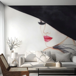 Fototapeta Premium Canvas - Elegancja i zmysłowość - Kobieta, Czerwone Usta, Czarny Kapelusz - 250x175 cm