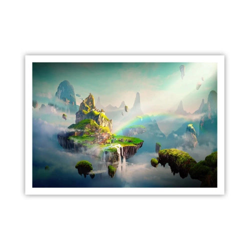 Plakat - Latające wyspy wśród chmur z tęczą na horyzoncie - 100x70cm - Śródniebie - wyspy szczęśliwe - Nowoczesna dekoracja ścienna do salonu i sypialni ARTTOR