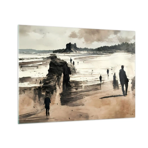 Obraz na szkle - Spacerujące sylwetki na szerokiej plaży przy pochmurnym niebie - 70x50cm - Przywołani - Nowoczesna dekoracja ścienna do salonu i sypialni ARTTOR